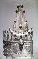 Noubadian rulers wore great silver crowns like this one found at Ballana. It was fashioned in the old Meroitic style but mounted with jewels like the crowns of Byzantine kings.